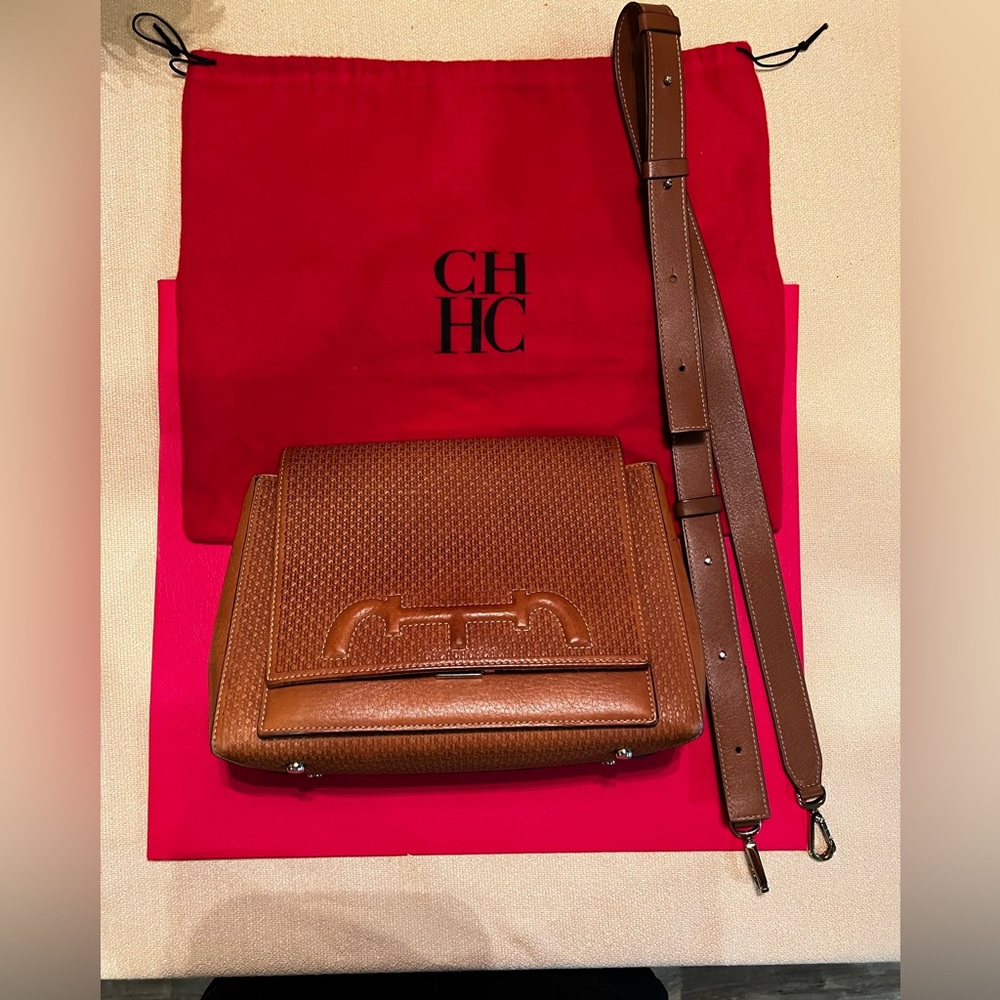 Carolina Herrera Tan Monogram Leather Medium Doma Insignia Shoulder Bag